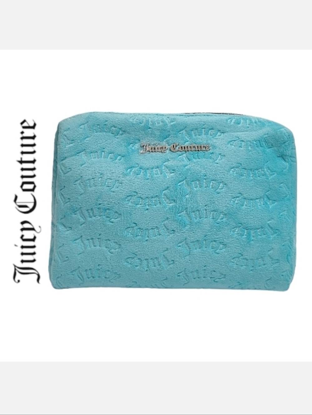 JUICY COUTURE Turquoise Velour Logo Print Wedge Accessory Make-up Case NWOT